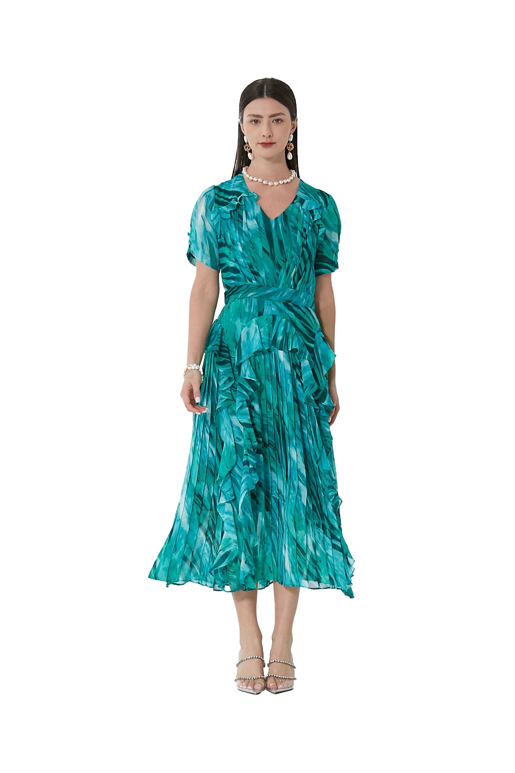 Ladies Summer Elegant V-Neck Ruffle Dress ULA